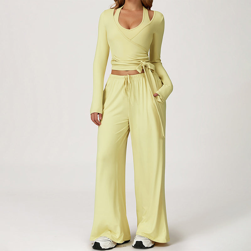 V-neck crop top+Open-back sleeveless crop+HIGH WAIST LEGGINGS 3-PIECE SET