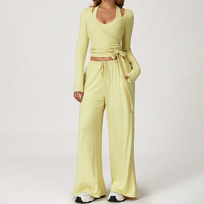 V-neck crop top+Open-back sleeveless crop+HIGH WAIST LEGGINGS 3-PIECE SET