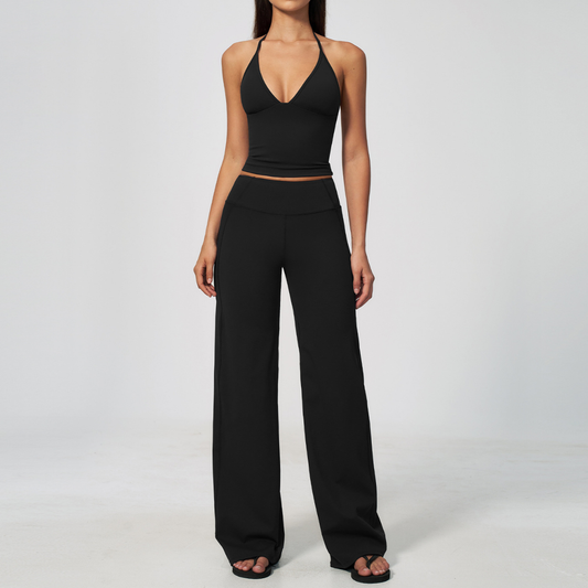 Wholesale Deep V Halter Neck Sweat-Wicking Breathable Fashion Casual Flared Fitness Set