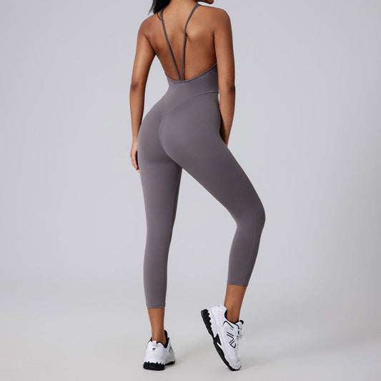 Brushed nude V-shaped back long pants yoga jumpsuit