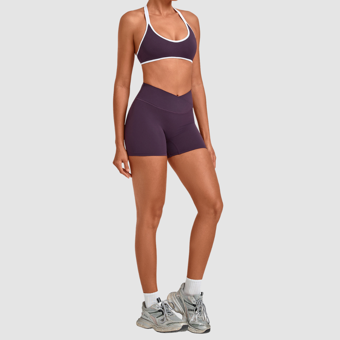 Wholesale Women’s Contrast Sports Bra & High-Waist Biker Shorts Yoga Set