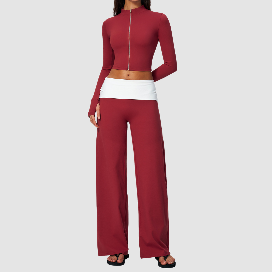 Wholesale Women’s Stand-Collar Zip Jacket & Flared Yoga Pants Set