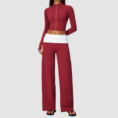 Wholesale Women’s Stand-Collar Zip Jacket & Flared Yoga Pants Set