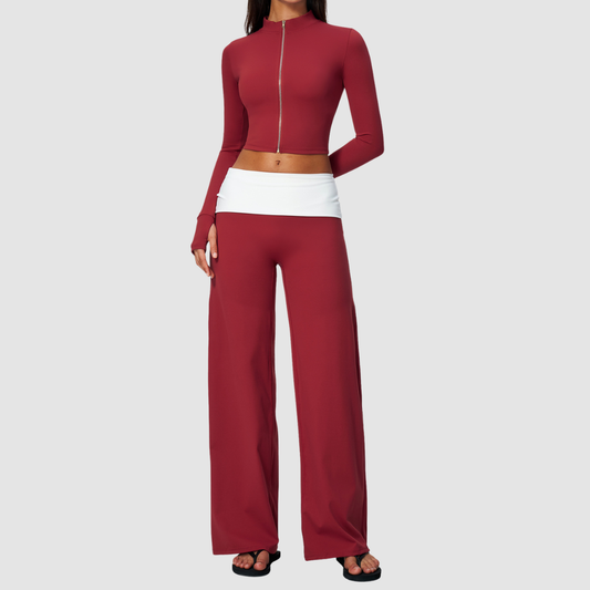 Wholesale Women’s Stand-Collar Zip Jacket & Flared Yoga Pants Set