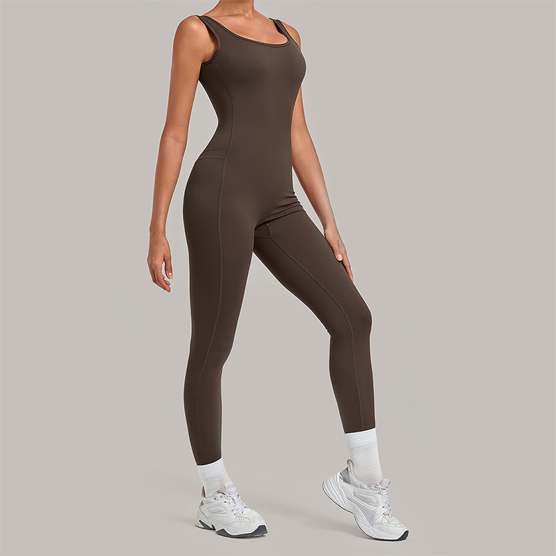 Wholesale Women's Brushed Yoga Jumpsuit – Open-Back Slim Fit Athletic Bodysuit w/ Chest Pad
