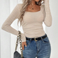 Wholesale Women's Long-Sleeve Top Square-Neck Color-Block Knit Top