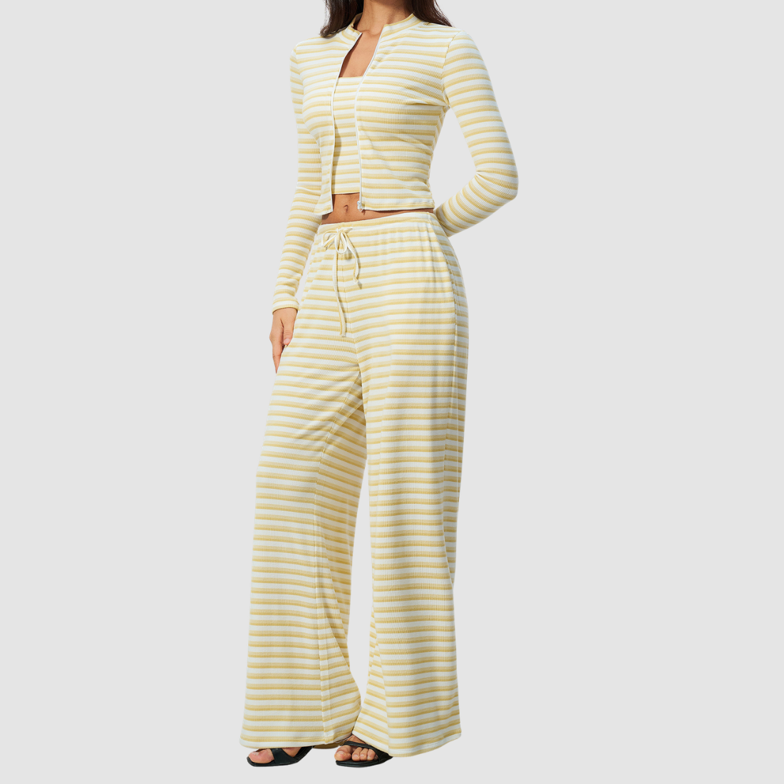 Wholesale Women's Stripe Yoga Bra & Wide-Leg Pants & Jacket 3-Piece Set