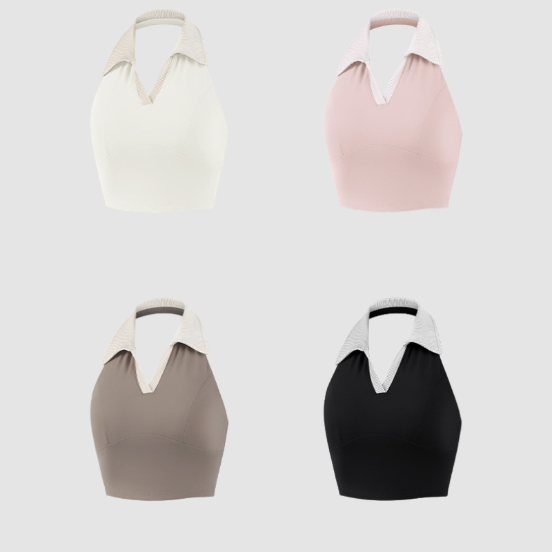 Wholesale Women's Contrast Collar Sports Bra – Fixed Cup POLO Collar Fitness Yoga Bra