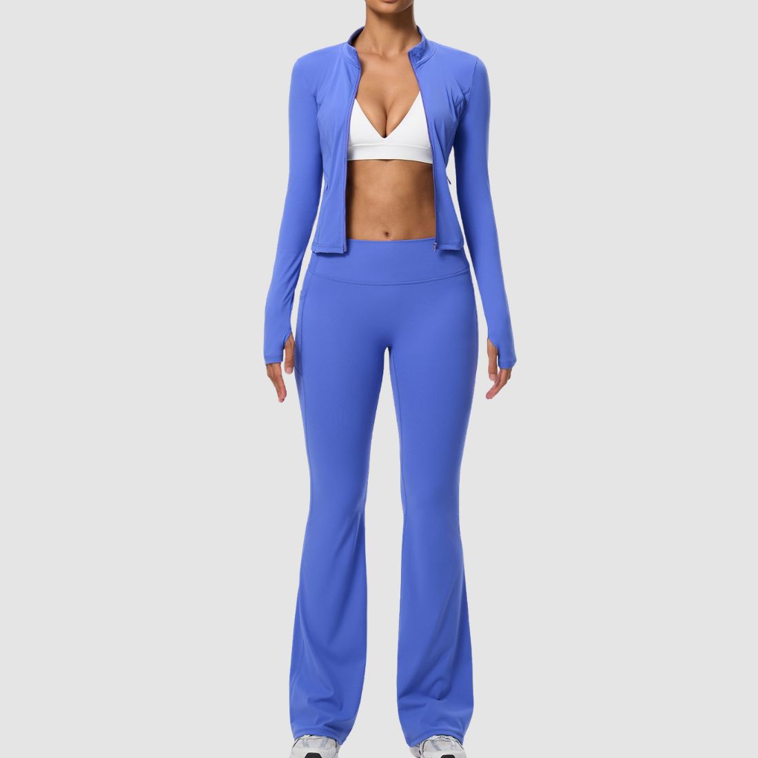 Wholesale Women's Activewear Zip Pocket Jacket & Flare Pants Yoga Set