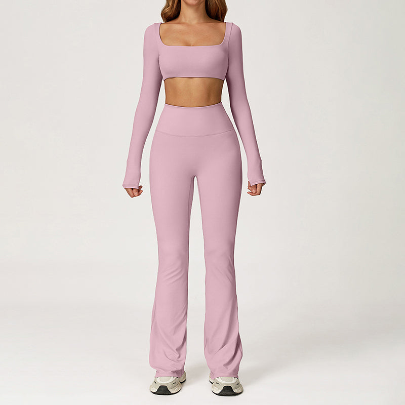 Solid color yoga fitness long sleeve + flared leg pants two-piece set