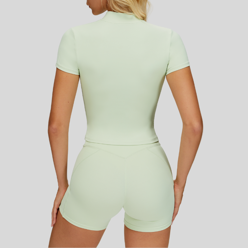 Slim-fit stand-up collar short-sleeved top+Pleated waistband sport shorts 2-piece set