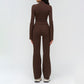 Stand-up collar yoga jacket + nude high-waisted flared pants 2-piece set