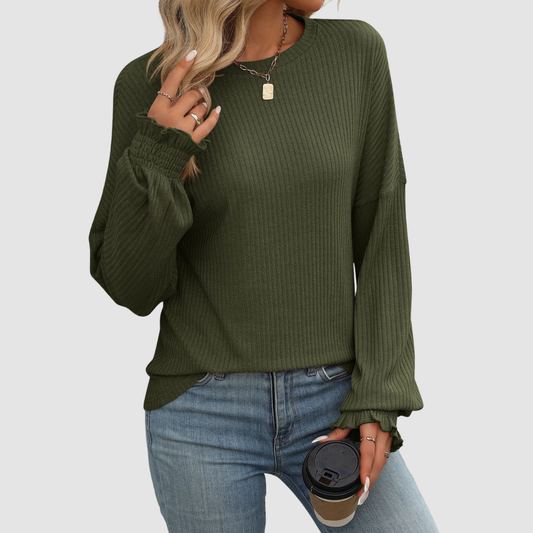 Wholesale Women's Ribbed Long Sleeve T-Shirt – Loose Ruffle-Sleeve Top