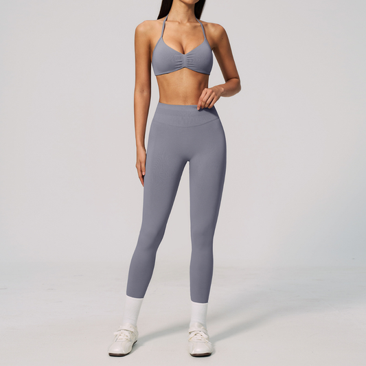 Wholesale Women's Seamless Yoga Set: Strappy Sports Bra & Leggings – High-Stretch w/ Chest Pad