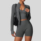 Sujetador de yoga sin costuras + pantalones cortos + set de 3 piezas con chaqueta de cremallera completa de manga larga