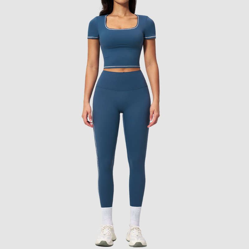 Wholesale Women's Seam-Detail Short Sleeve Crop Top + High-Waist Leggings Set – Butt-Lifting Yoga Gym Activewear