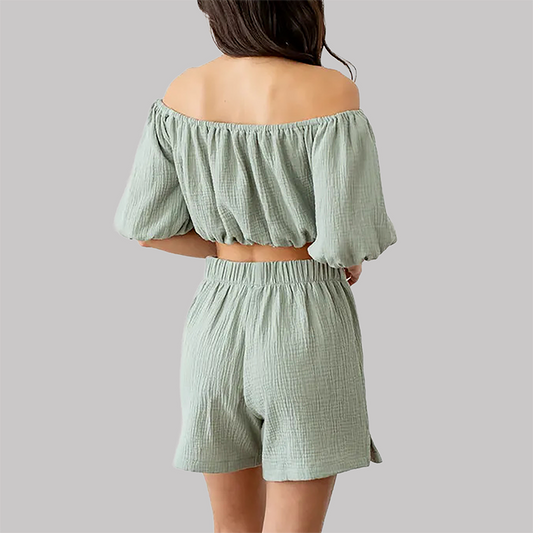 Wholesale Women's Off-Shoulder Shorts Set – Ruched Waist Two-Piece Casual Vacation Outfit