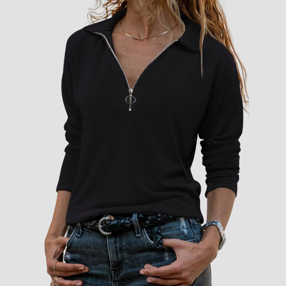 Wholesale Women's Knitted Fabric Lapel Zipper Casual Long Sleeve Top