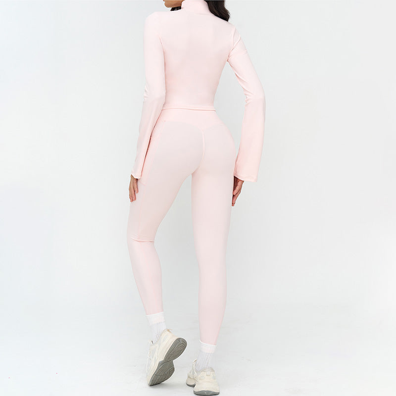 Stand-up collar yoga jacket + side pocket design leggings 2-piece set