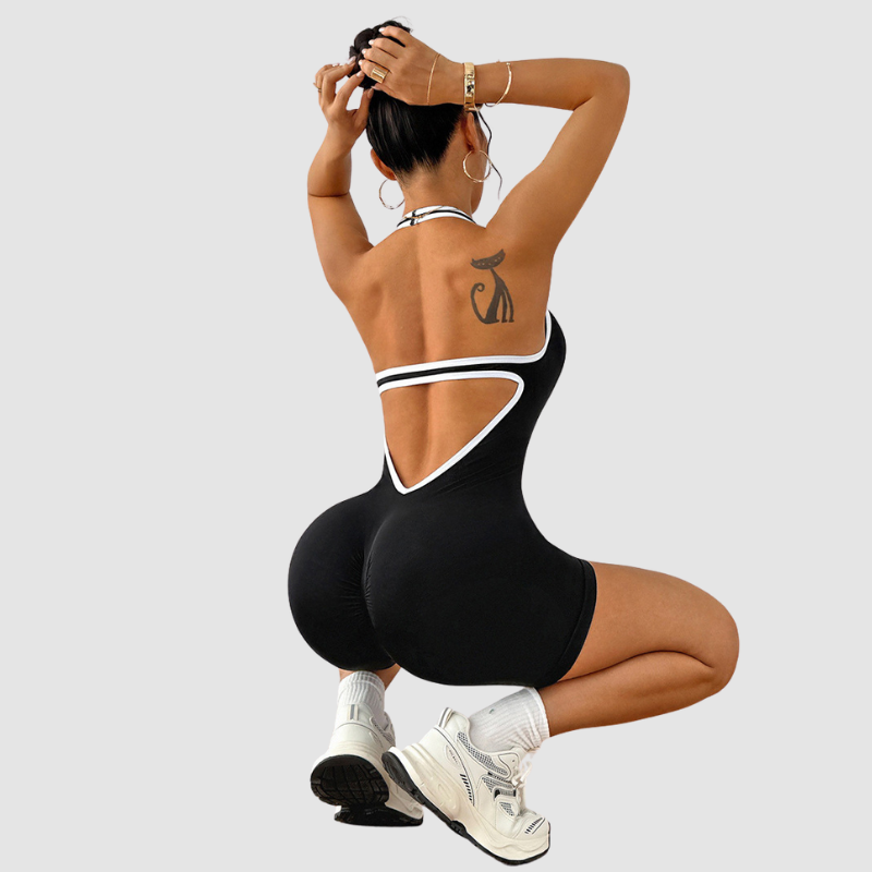 Wholesale Color-Block Halter Neck Backless Jumpsuit Shorts