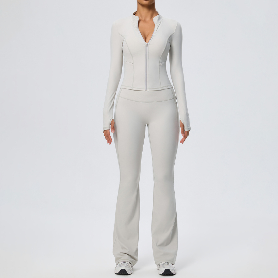 Wholesale Women's Activewear Zip Pocket Jacket & Flare Pants Yoga Set