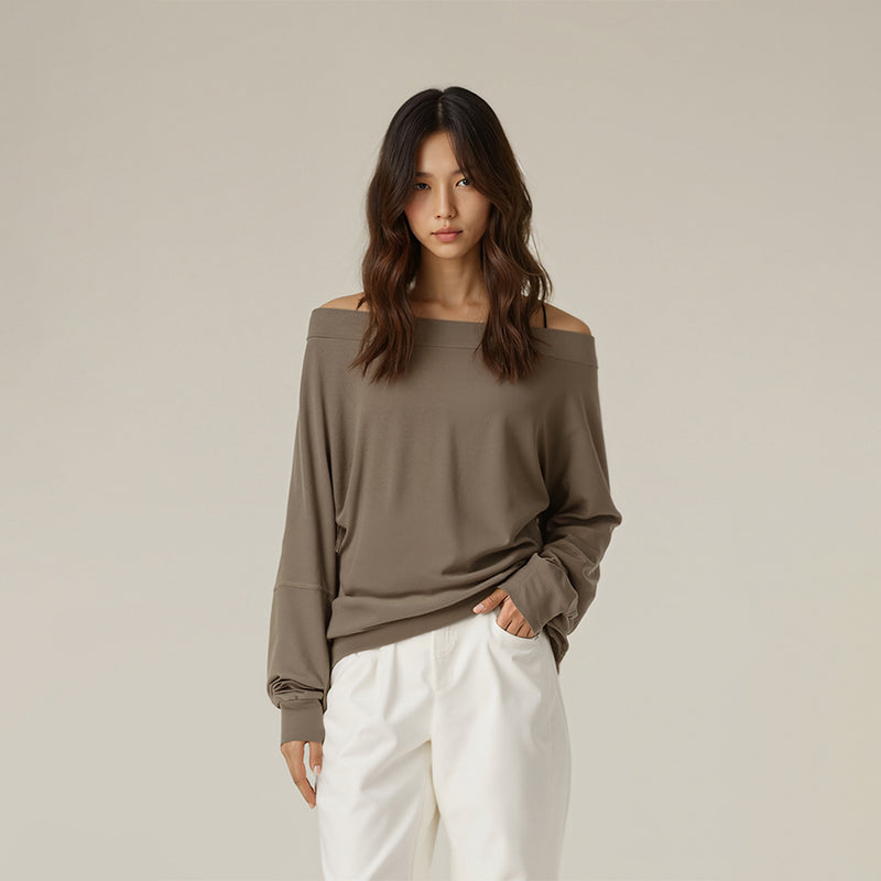 Slanted shoulder top with long sleeve T-shirt