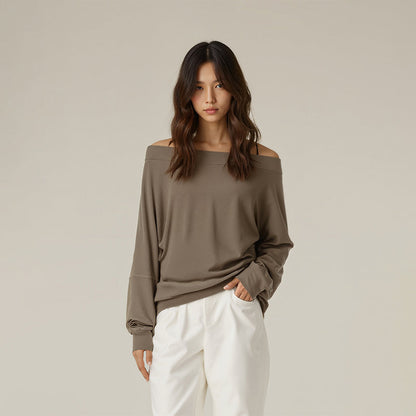 Slanted shoulder top with long sleeve T-shirt