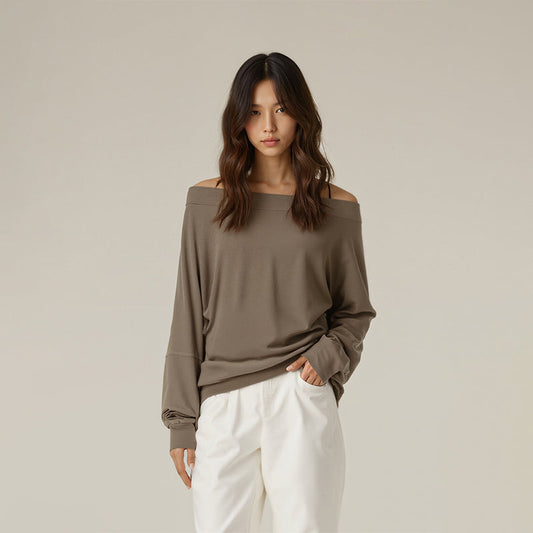 Slanted shoulder top with long sleeve T-shirt