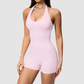 Wholesale Women's Halter-Neck V-Back One-Piece Yoga Bodysuit with Built-in Shorts