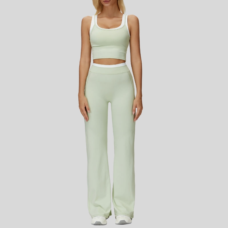 Two-piece contrasting sports tank top+port slightly flared pants 2-piece set