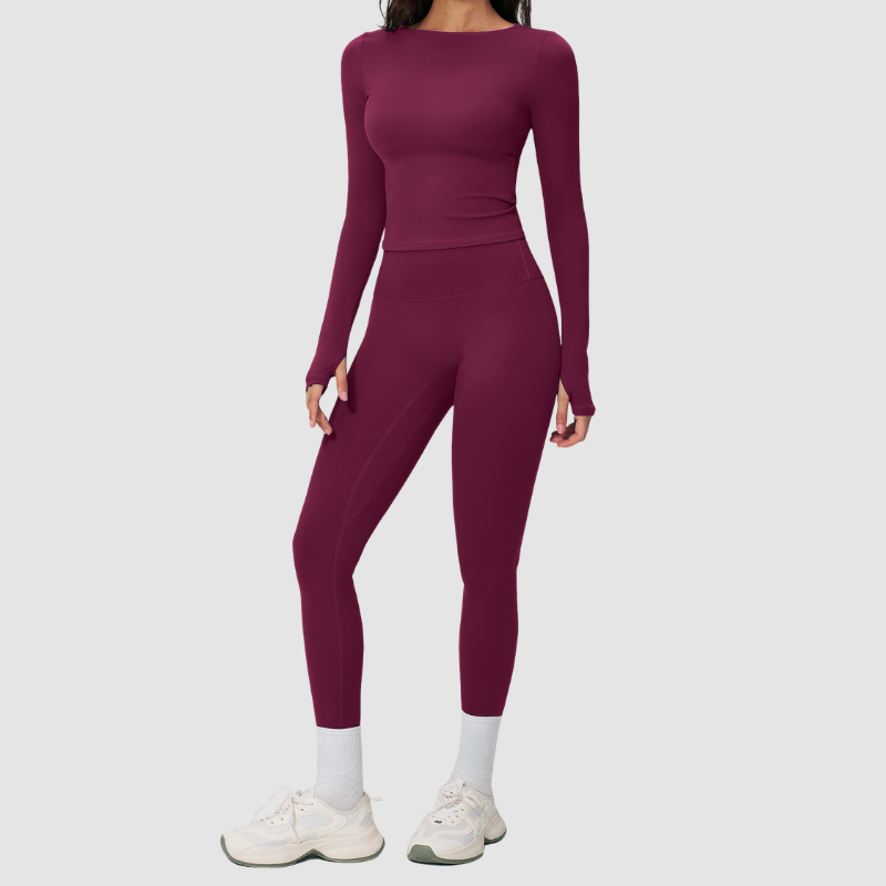 Wholesale Seam-Detail Long-Sleeve Crop Top & High-Waist Leggings Set – Brushed Yoga 2-Piece