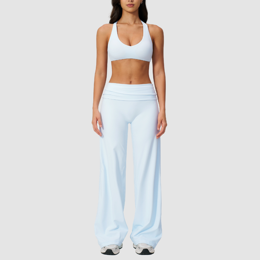 Wholesale Seam-Detail Sports Bra & Fold-up High-Waist Flare Leggings Set