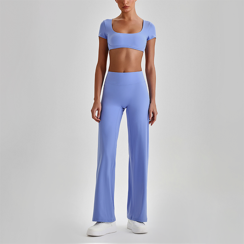 Wholesale Women's Short Sleeve Exposed Back Bra+Naked Feel Straight Leg Pants Yoga Set
