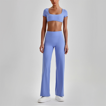 Wholesale Women's Short Sleeve Exposed Back Bra+Naked Feel Straight Leg Pants Yoga Set