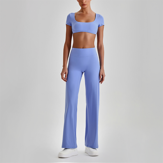 Wholesale Women's Short Sleeve Exposed Back Bra+Naked Feel Straight Leg Pants Yoga Set