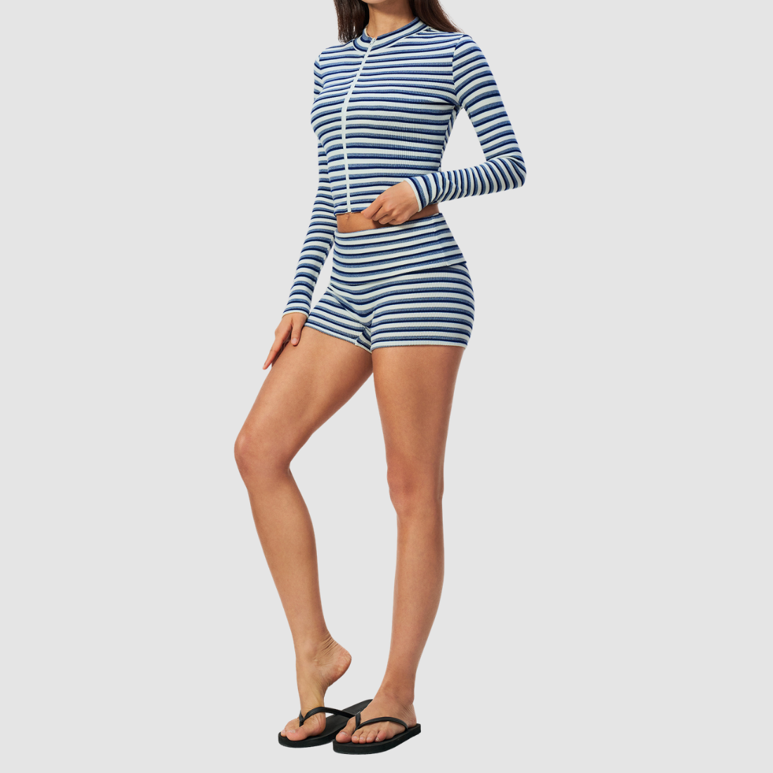 Wholesale Women's Stripe Yoga Set: Zip Stand-Collar Jacket & Shorts