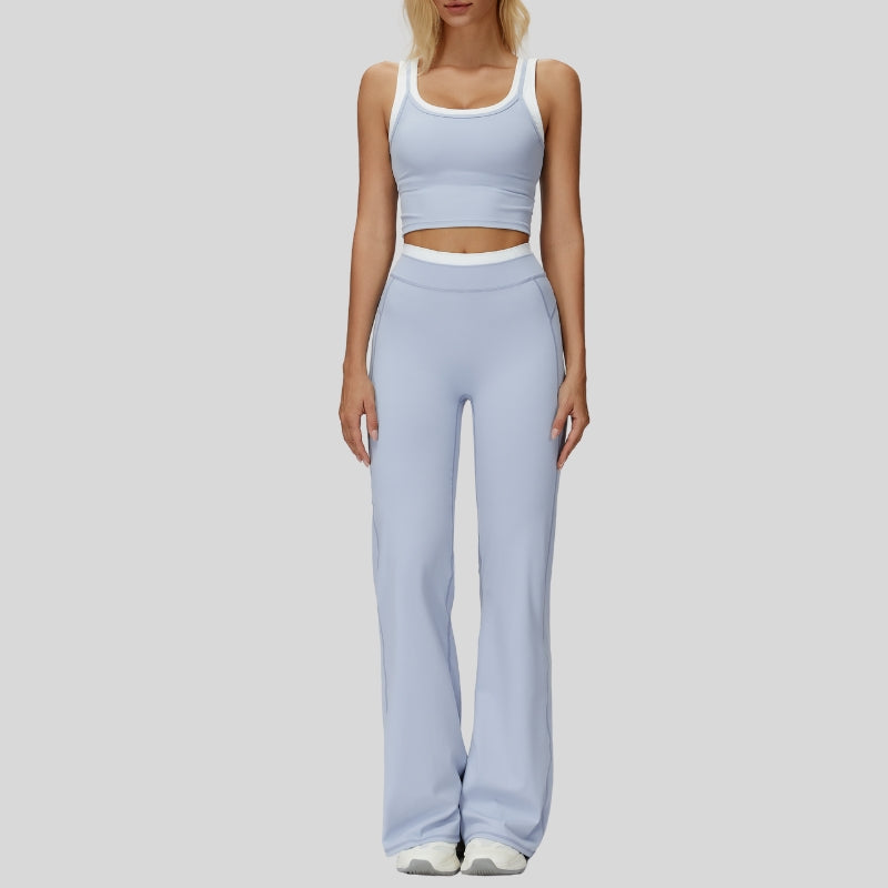 Two-piece contrasting sports tank top+port slightly flared pants 2-piece set