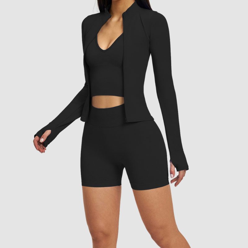 Wholesale cross shoulder strap bra+shorts+jacket 3-piece | Wonderxfans bulk activewear