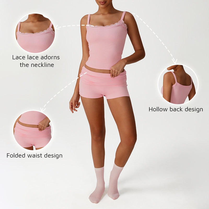 Lace Low-Cut Crop Top + Elastic Ruched Waistband Shorts 2-Piece Set