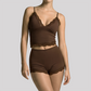 Wholesale Women's Lace V-Neck Cami Yoga Set – Built-in Bra High Waist Shorts Lounge Set