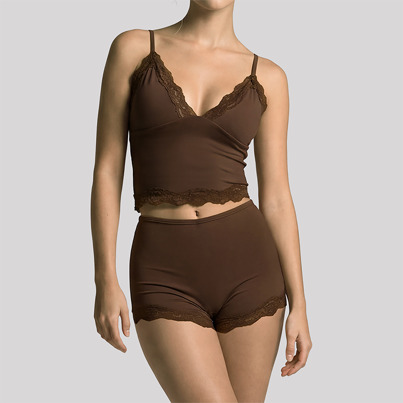 Wholesale Women's Lace V-Neck Cami Yoga Set – Built-in Bra High Waist Shorts Lounge Set