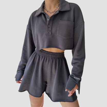 Wholesale Women's Long Sleeve Crop Cardigan & Drawstring Shorts Set – Casual Two-Piece TZ8040