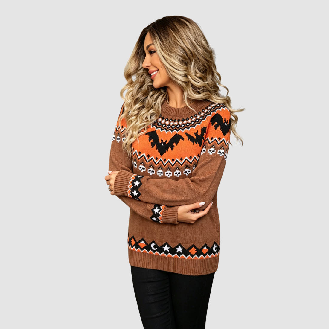 Wholesale Women's Halloween Witch Bat Jacquard Knit Sweater – Round-Neck Raglan Pullover