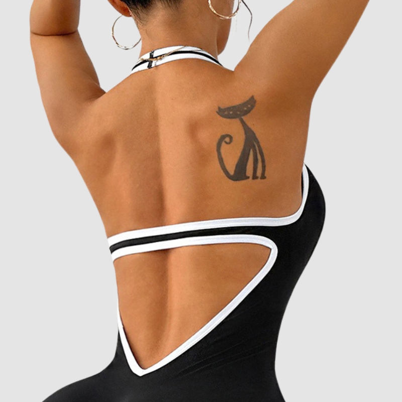 Wholesale Color-Block Halter Neck Backless Jumpsuit Shorts