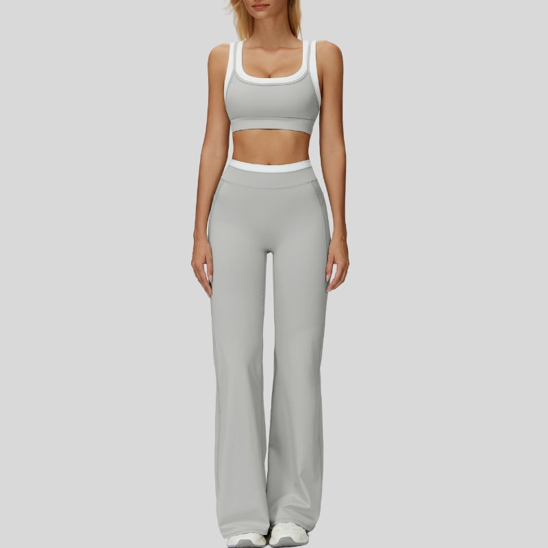 Contrast color sports bra + sport slightly flared pants 2-piece set