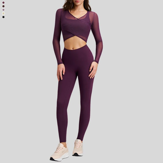 Sheer Mesh Top + Cross Back Bra + High-Waist Leggings 3-Piece Set