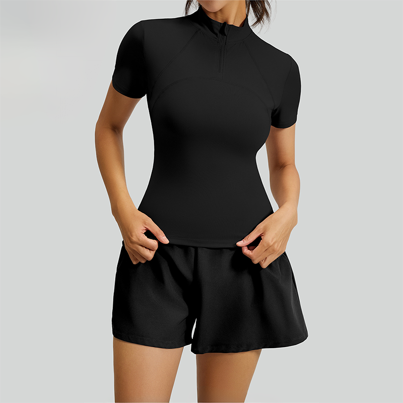 Wholesale Women's Mesh Yoga Set: Half-Zip Short Sleeve Top & Shorts