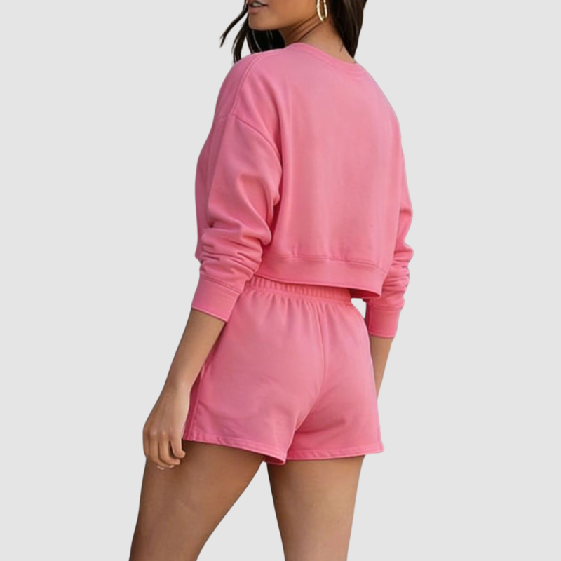 Wholesale Women's Crew Neck Long Sleeve Loose Sweatshirt Set – Casual Pullover Top + Shorts