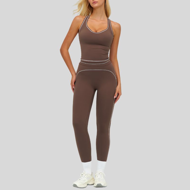 Contrasting racerback tank top+High waisted leggings 2-piece set