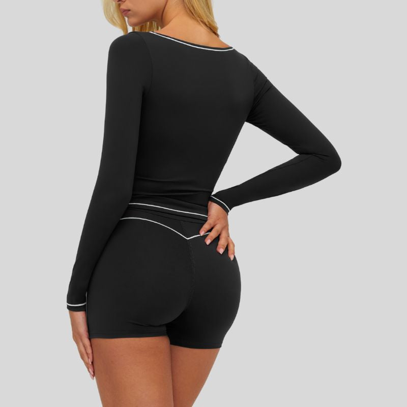 Color-blocked long-sleeved sports top+High waisted shorts 2-piece set